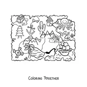 Coloring page of a map of the treasure hidden on the island