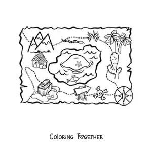 Coloring page of a cartoon treasure map