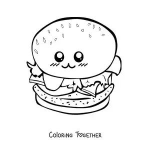 Coloring page of an animated kawaii hamburger