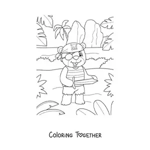 Coloring page of a cartoon pirate bear on treasure island