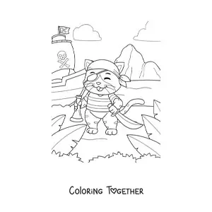 Coloring page of a cartoon pirate cat on treasure island with his ship