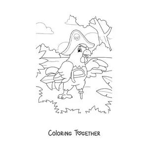 Coloring page of a cartoon pirate hen on treasure island with a sword
