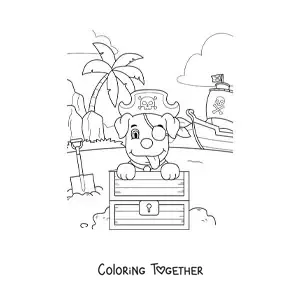 Coloring page of a cartoon pirate dog digging up a treasure in front of his ship