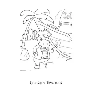 Coloring page of a cartoon pirate cow on treasure island with her ship