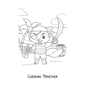 Coloring page of a cartoon pirate fox on treasure island
