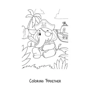 Coloring page of a cartoon pirate elephant on treasure island with his ship