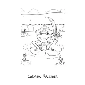Coloring page of a cartoon pirate frog in his swamp