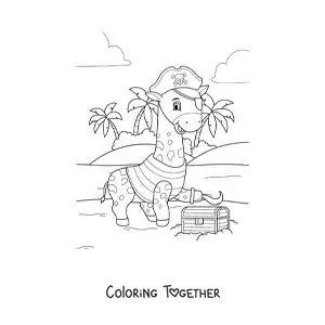 Coloring page of a cartoon pirate giraffe with a treasure chest on the island
