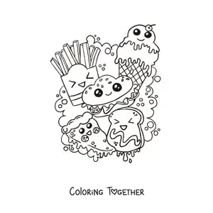 Coloring page of a kawaii hamburger, fries, ice cream and a piece of toast