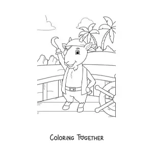 Coloring page of a cartoon pirate goat on a ship