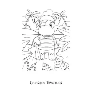 Coloring page of a cartoon pirate hippo on treasure island