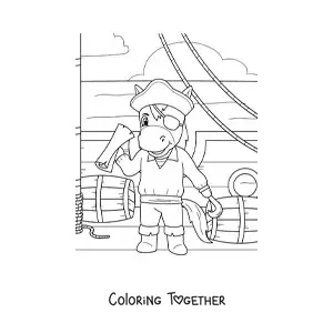 Coloring page of a cartoon pirate horse on a pirate ship