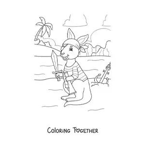 Coloring page of a cartoon pirate kangaroo searching for a treasure on the island
