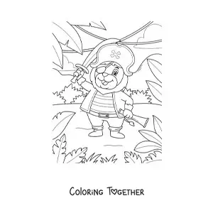 Coloring page of a cartoon pirate lion on treasure island