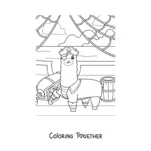Coloring page of a cartoon pirate llama on a pirate ship