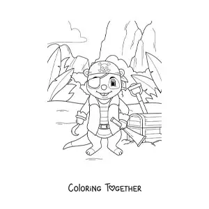 Coloring page of a cartoon pirate meerkat with a treasure chest on the island