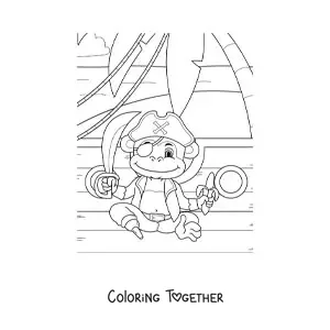 Coloring page of a cartoon pirate monkey on a pirate ship