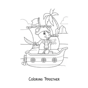 Coloring page of a cartoon pirate mouse on a ship arriving at the island