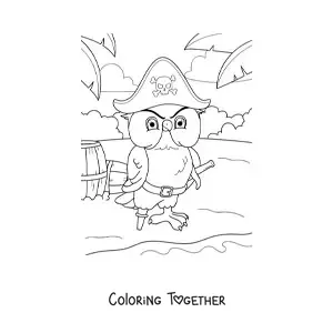 Coloring page of a cartoon pirate owl on treasure island