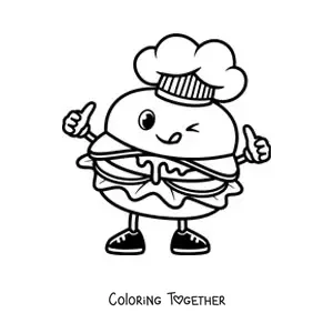 Coloring page of an animated hamburger with a chef's hat sticking out its tongue