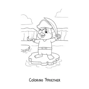 Coloring page of a cartoon pirate penguin on an iceberg