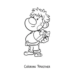 Coloring page of a cartoon troll with a box of chocolates