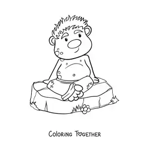 Coloring page of a cartoon troll sitting on a rock