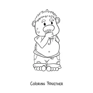 Coloring page of a cartoon troll smelling a flower