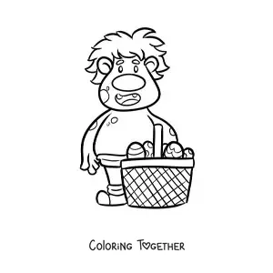 Coloring page of a cartoon troll with a basket of easter eggs