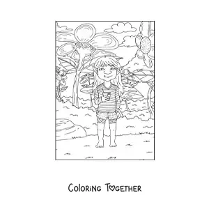 Coloring page of a modern realistic troll girl with flowers
