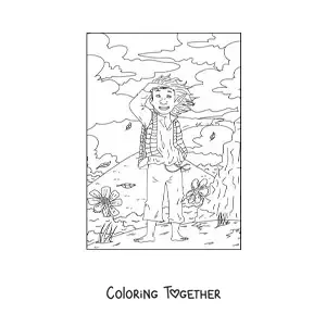 Coloring page of a realistic troll boy on a mountain with flowers