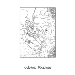 Coloring page of a realistic troll boy climbing a mountain with flowers