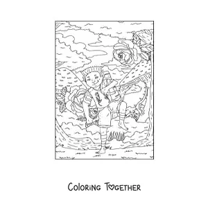 Coloring page of a realistic troll boy with flowers