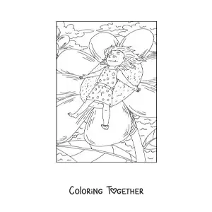 Coloring page of a realistic troll girl sleeping on a flower