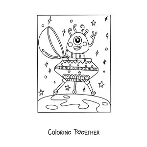 Coloring page of a kawaii alien in his spaceship