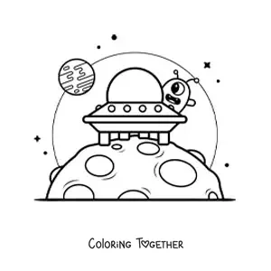 Coloring page of a cartoon alien in a spaceship on another planet