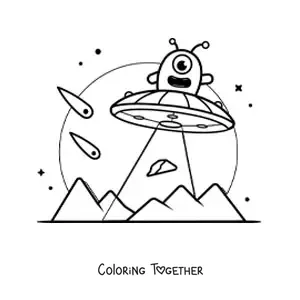 Coloring page of a cartoon alien flying in a ufo