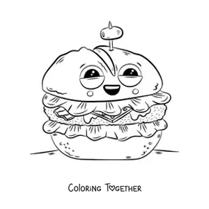 Coloring page of an animated hamburger with an olive on a pick