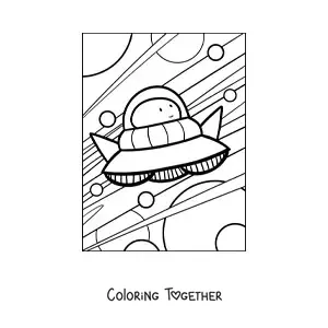 Coloring page of a cartoon alien flying in his spaceship