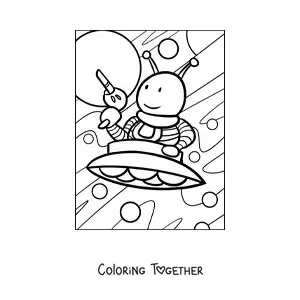 Coloring page of a cartoon alien with a weapon in his spaceship