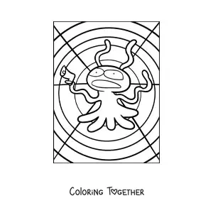Coloring page of a cartoon alien with a weapon