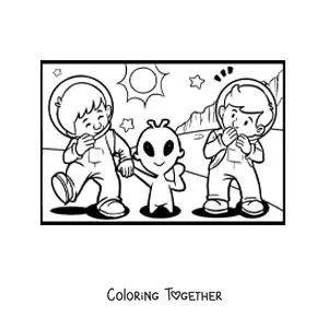 Coloring page of astronauts with an alien on Mars