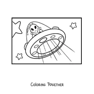 Coloring page of a cartoon martian flying in a ufo