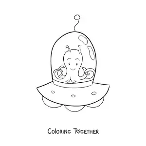 Coloring page of a cartoon martian in a ufo