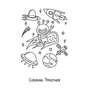Coloring page of a cartoon martian on an asteroid