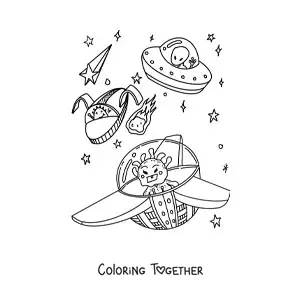 Coloring page of cartoon aliens in spaceships