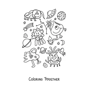 Coloring page of cartoon aliens