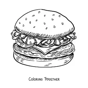 Coloring page of a realistic hamburger