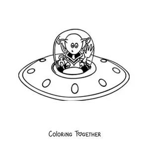 Coloring page of a cartoon of a martian in his spaceship