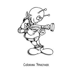 Coloring page of a cartoon of a martian with a weapon